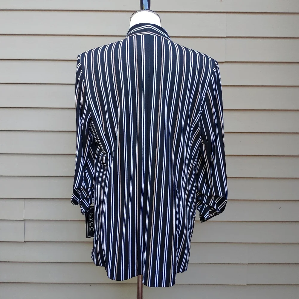 NYCC Black Striped Blazer 3/4 Ruched Sleeves NWT Hook Closure